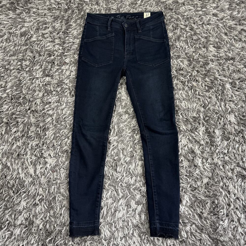 We The Free Free People Skinny Jeans Dark Wash Patch Pockets Raw Hem Size 27